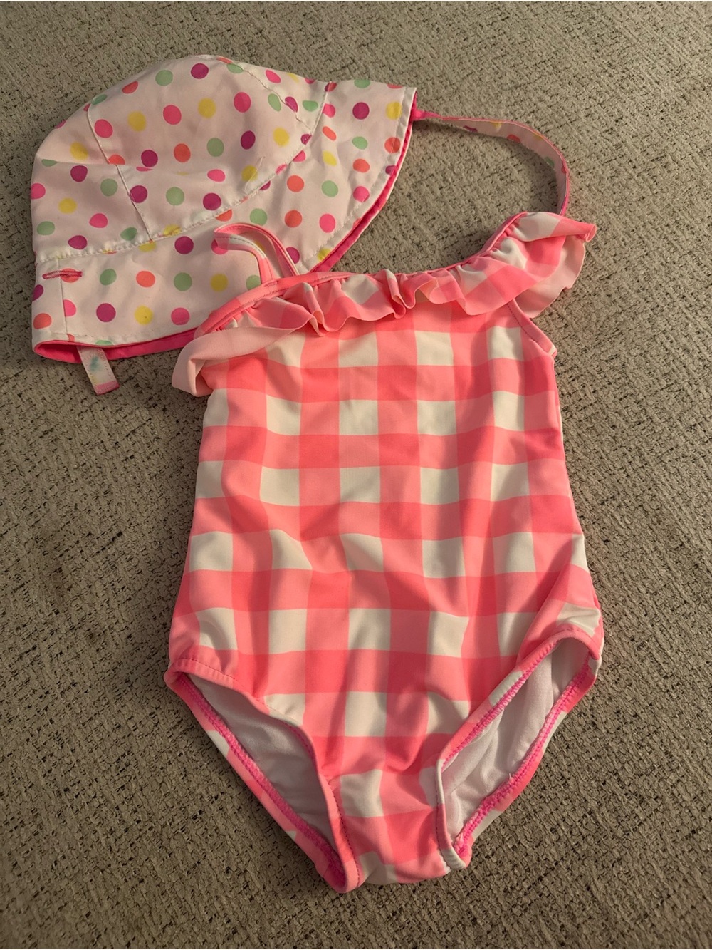 Carter's Pink Gingham Ruffle One-Piece Swimsuit with Polka Dot Sun Hat